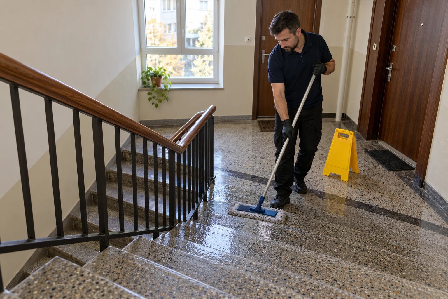 Schodiště v bytovém domě po úklidu